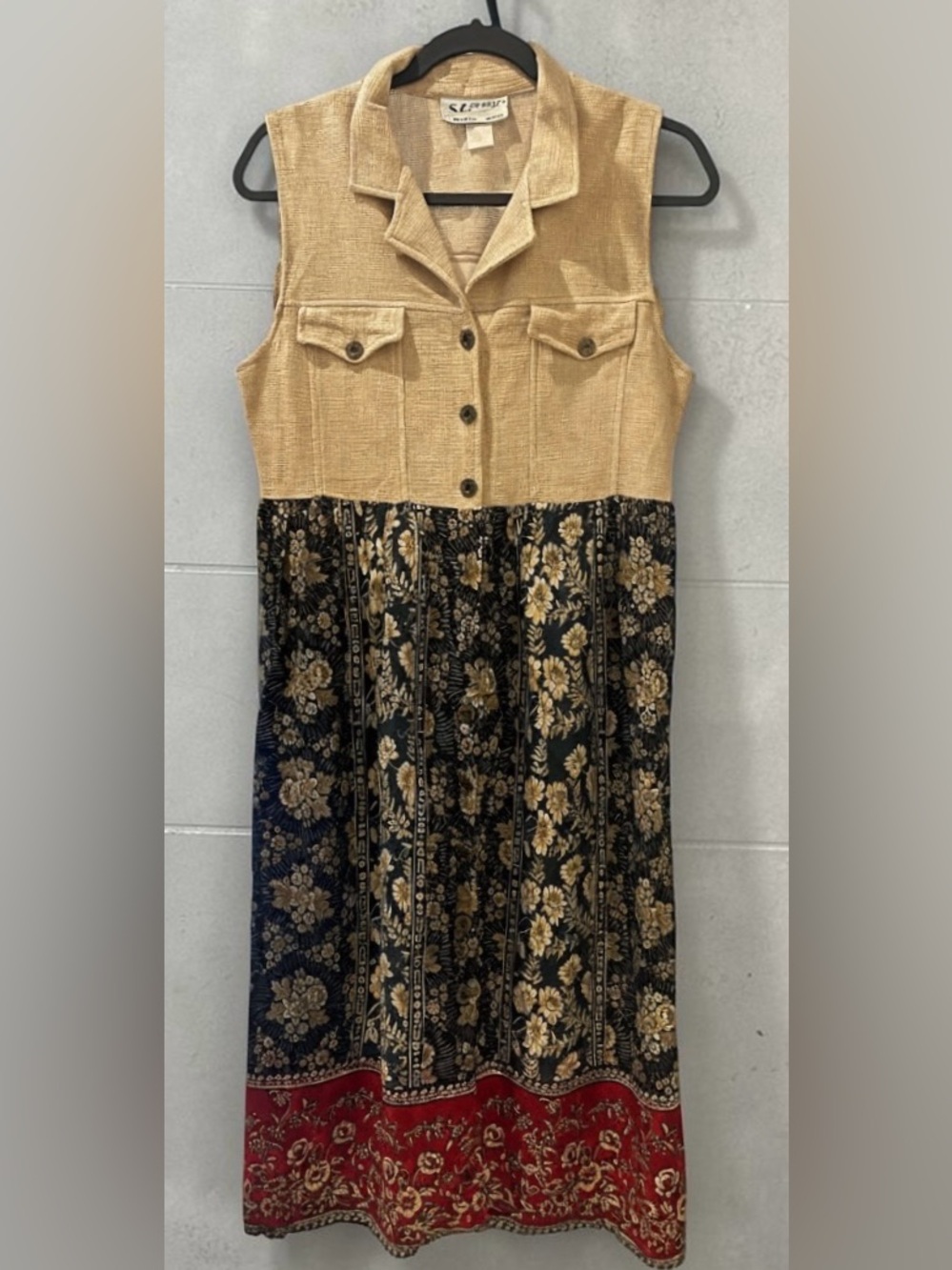 SL Fashions Sleeveless Maxi Dress in Tan, Black and Red